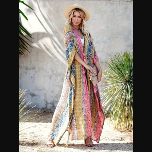 Kimono Tie Front Boho Multicolor Swim Cover Up One Size NEW - Picture 3 of 3